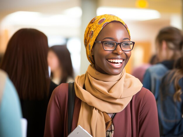 Mulher sorridente de óculos com lenço amarelo