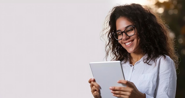 Foto mulher sorridente de óculos segurando um tablet digital em pé dentro de casa