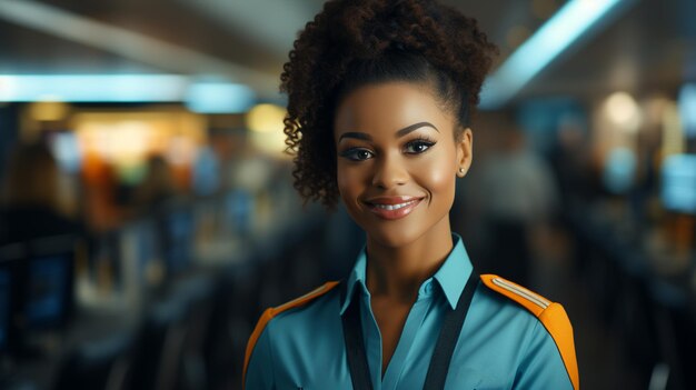 mulher sorridente de uniforme no aeroporto