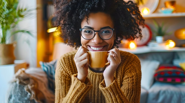 Mulher sorridente desfrutando de uma xícara de café quente em casa Ambiente interior aconchegante Imagem perfeita para conforto e estilo de vida Temas de IA