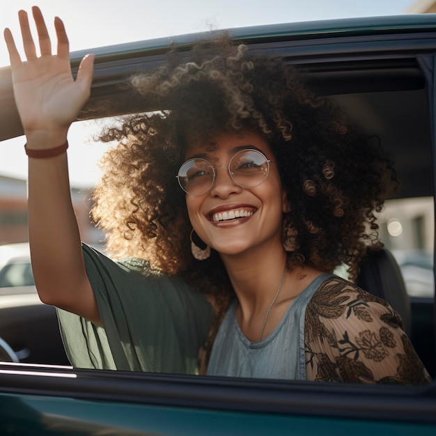 Foto mulher sorridente diz olá sentada no carro gesto de viagem e conceito de pessoas sorrindo jovem mulher afro-americana agitando a mão feliz