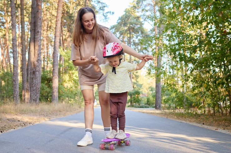 Mulher sorridente e alegre ajudando seu filho pequeno a se equilibrar na prancha durante um momento divertido e lúdico, desfrutando do tempo quente e do ar fresco no parque
