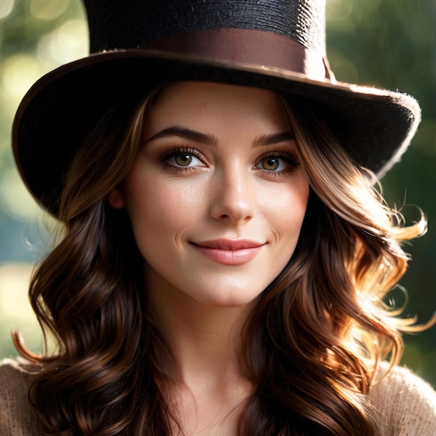 Foto mulher sorridente e amigável vestindo chapéu de topo artigo de moda de roupas
