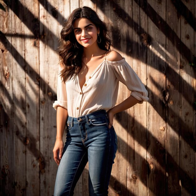 Mulher sorridente e amigável vestindo jeans, um artigo de vestuário de moda.