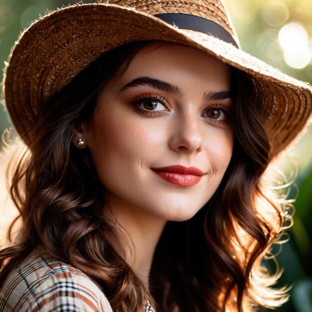Mulher sorridente e amigável vestindo um chapéu retro vintage