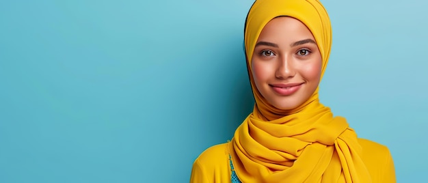 Mulher sorridente e calorosa com hijab amarelo ensolarado.