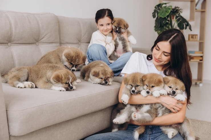 Mulher sorridente e sua filha brincando com cachorrinhos de Akita Inu em casa ou em um abrigo para cães