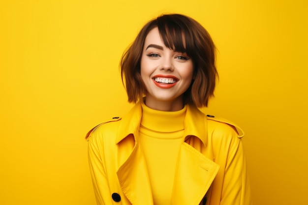 mulher sorridente elegante isolada em fundo amarelo