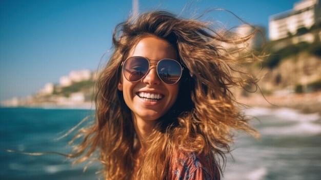 Foto mulher sorridente em férias praia mar oceano verão