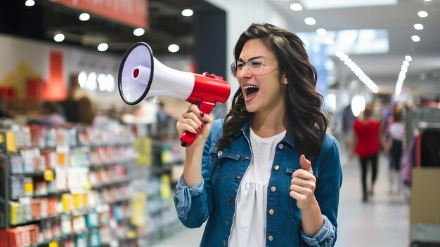 Foto mulher sorridente em frente ao shopping gritando com um megafone