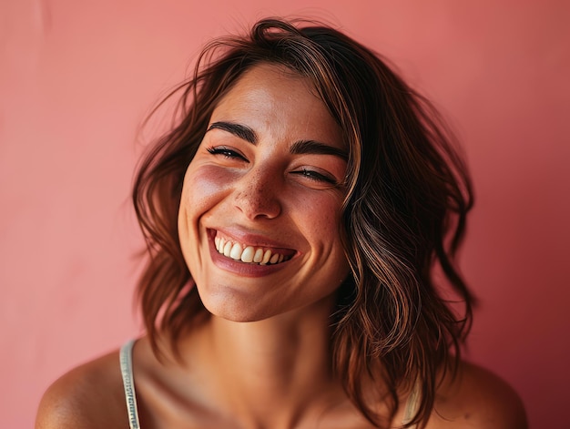 Mulher sorridente em fundo rosa