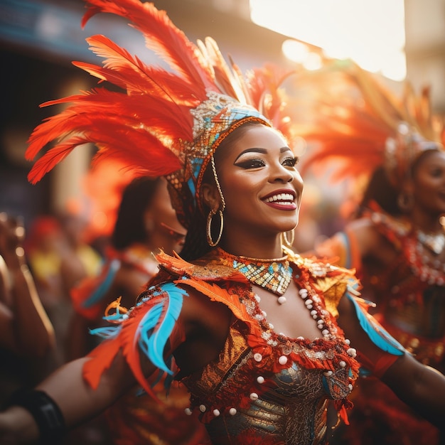 Mulher sorridente em poses de fantasia colorida para foto