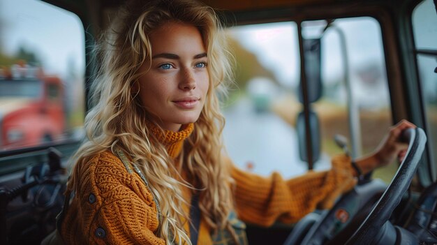 Mulher sorridente em um suéter amarelo dirigindo um caminhão vintage com um cenário cênico de outono