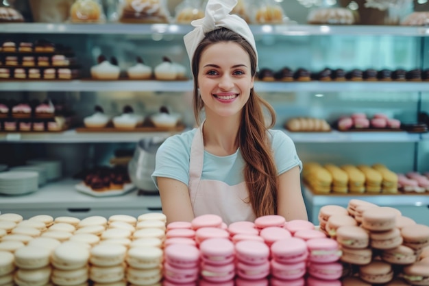 Foto mulher sorridente em uma padaria pilhas de macarrões coloridos no primeiro plano ambiente aconchegante