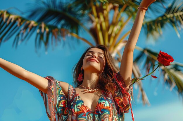 Mulher sorridente em vestido colorido segurando rosa vermelha ao ar livre