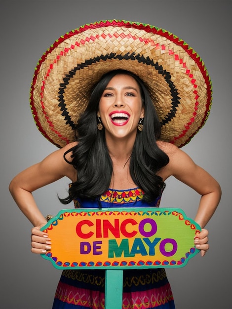 Mulher sorridente em vestido vibrante segurando um sinal colorido de cinco de maio vestindo um sombrero