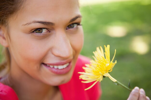 Mulher sorridente enquanto olha para cima enquanto segurava uma flor amarela