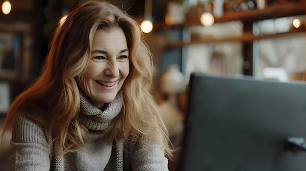 Mulher sorridente envolvida no trabalho em seu laptop em um café aconchegante, estabelecendo um estilo de vida casual, capturando o conceito de teletrabalho AI