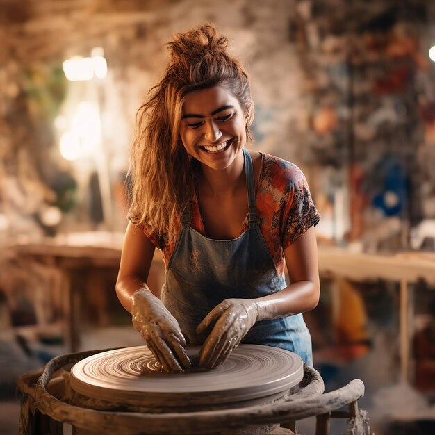 Foto mulher sorridente feliz 3d ceramista trabalha atrás da roda de um oleiro em uma oficina de cerâmica