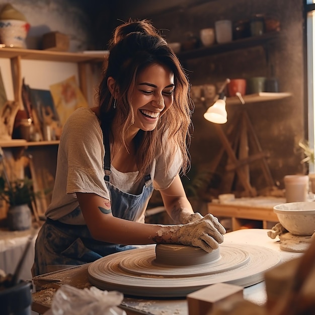 Mulher sorridente feliz 3D ceramista trabalha atrás da roda de um oleiro em uma oficina de cerâmica