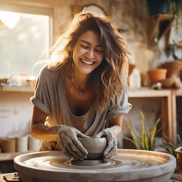 Foto mulher sorridente feliz 3d ceramista trabalha atrás da roda de um oleiro em uma oficina de cerâmica