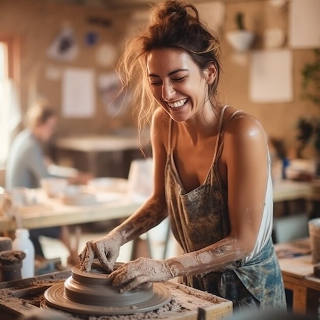Foto mulher sorridente feliz 3d ceramista trabalha atrás da roda de um oleiro em uma oficina de cerâmica