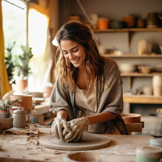 Foto mulher sorridente feliz 3d ceramista trabalha atrás da roda de um oleiro em uma oficina de cerâmica