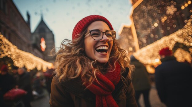 Mulher sorridente feliz a divertir-se no mercado de Natal