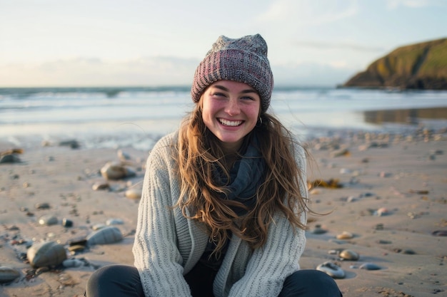 mulher sorridente feliz com cabelos encaracolados em um chapéu quente sentada em uma praia