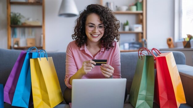 Mulher sorridente feliz em camisa rosa no sofá em casa entre sacos de compras coloridos segurando cartão de crédito