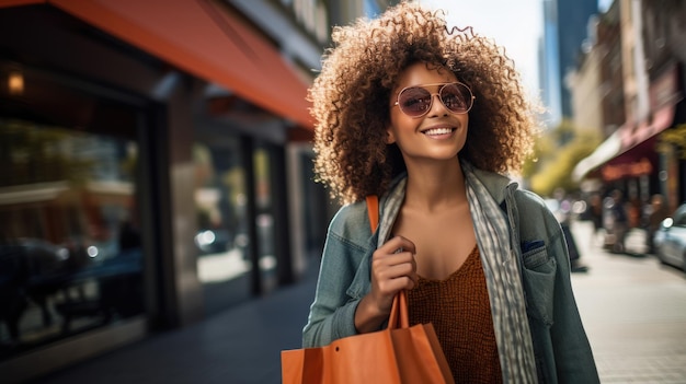 Mulher sorridente feliz está andando pela rua com sacolas enquanto fazia compras.