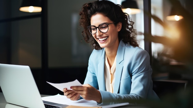 Foto mulher sorridente feliz trabalhando em um laptop no escritório