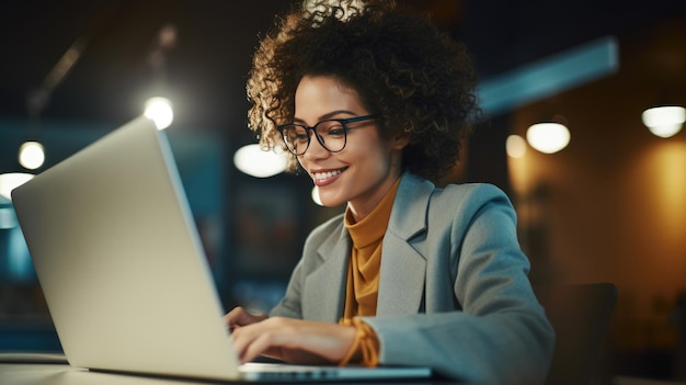 Mulher sorridente feliz trabalhando em um laptop no escritório