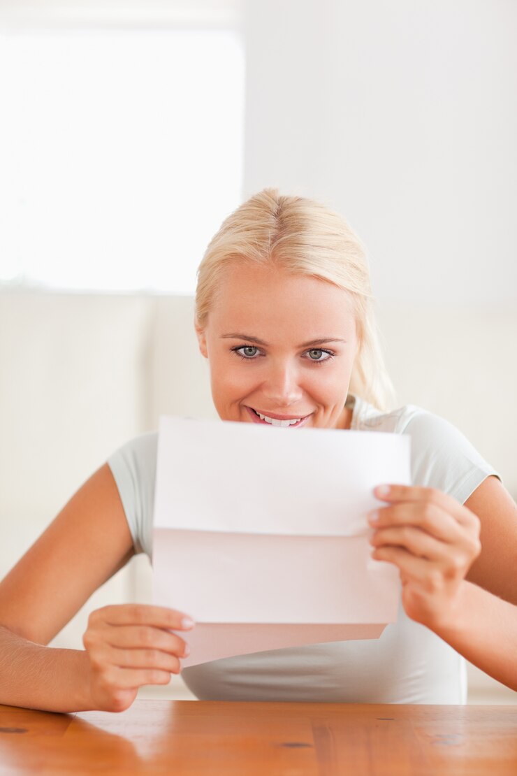 Foto mulher sorridente lendo uma carta