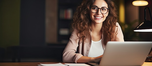 Mulher sorridente na mesa usando laptop e notebook estudando online em casa