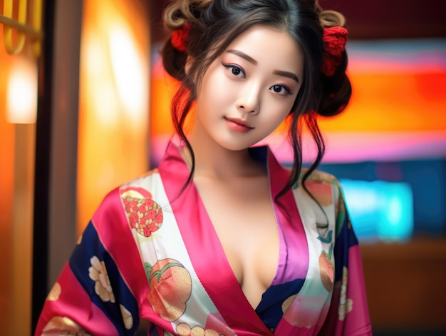 Mulher sorridente no tradicional quimono vermelho sakura