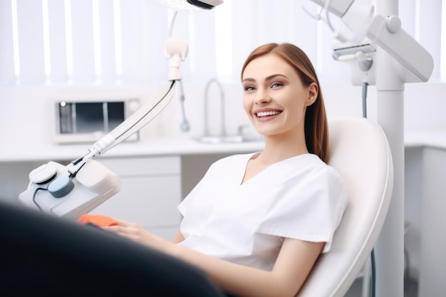 Mulher sorridente paciente em cadeira de dentista criada com generative ai