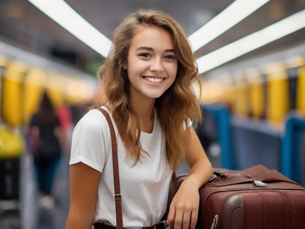 Mulher sorridente posando para a câmera em sua bagagem