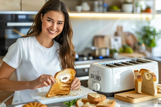 Foto mulher sorridente preparando o café da manhã com torradeira no interior da cozinha moderna fazendo torradas com