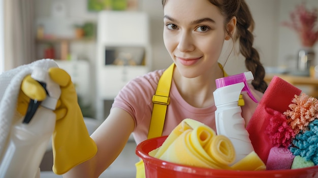 Mulher sorridente pronta para limpar a casa com suprimentos estilo casual cenário interior conceitualizando tarefas diárias em uma luz positiva IA