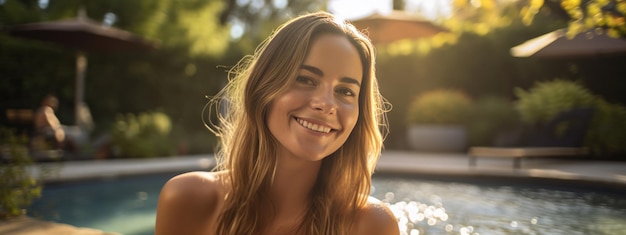 Mulher sorridente relaxa em um resort caro com piscina privativa ao fundo