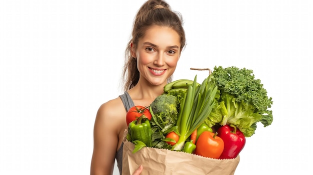 Mulher sorridente segura um saco de compras cheio de legumes frescos e coloridos promovendo uma alimentação saudável