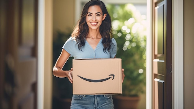 Mulher sorridente segurando caixa de papelão Amazon Prime sem sexta-feira