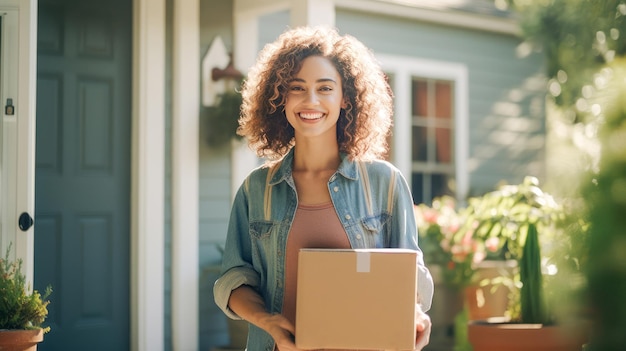 Mulher sorridente segurando caixa de papelão contra a entrada da casa da porta da frente Black Friday