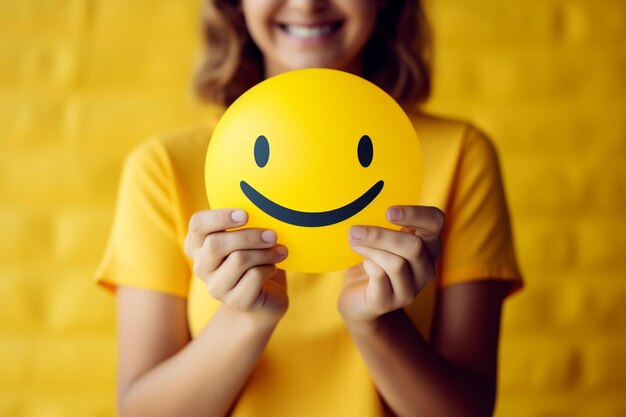 Foto mulher sorridente segurando um balão de rosto sorridente amarelo na frente de seu rosto generativo ai