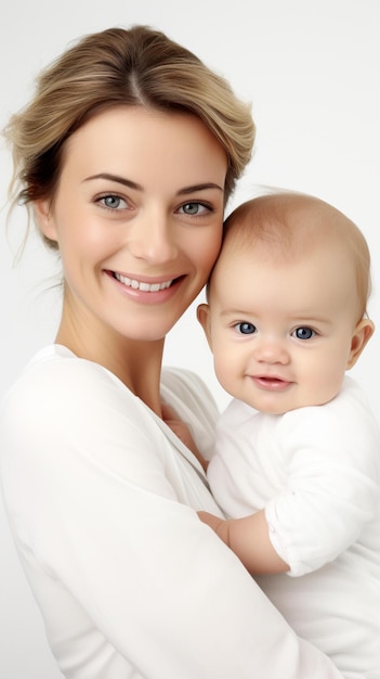 Mulher sorridente segurando um bebê nos braços e sorrindo para a câmera