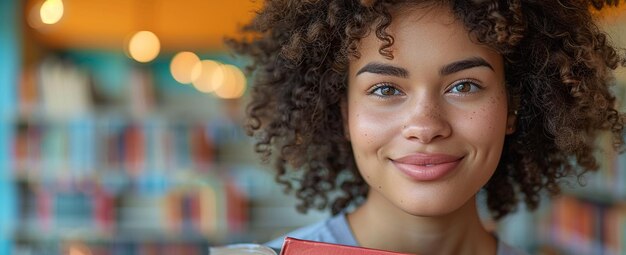 Foto mulher sorridente segurando um livro na frente de uma prateleira de livros