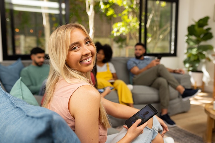 Foto mulher sorridente segurando um smartphone sentada com amigos na sala de estar socializando