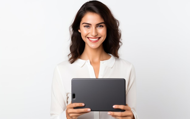 Mulher sorridente segurando um tablet Mulher alegre segurando um pad digital