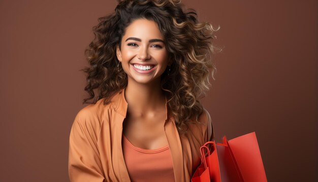 Foto mulher sorridente segurando uma bolsa que exala confiança e felicidade geradas pela inteligência artificial